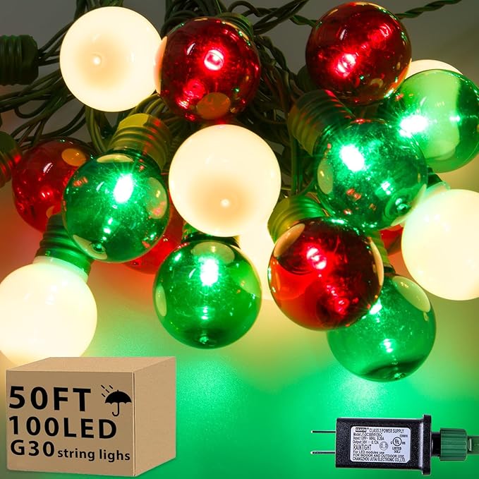 100 LED 50Ft Globe Christmas Lights Outdoor Round G30 Christmas Small Balls Lights Connectable Waterproof for Patio Backyard Eaves Tree Porch Indoor Outdoor (Red Green and White)