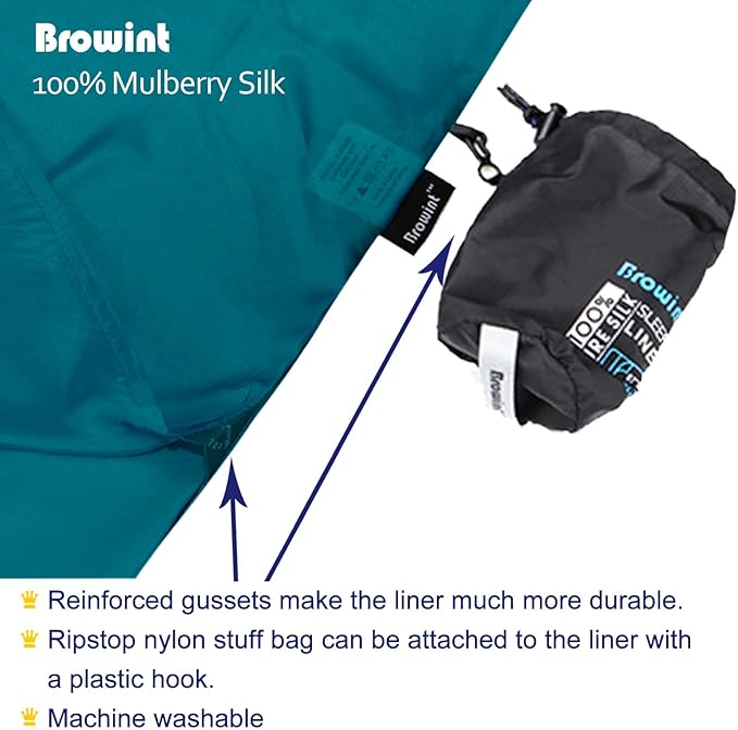 Browint Silk Sleeping Bag Liner Silk Sleep Sack Extra Wide 87x43 Lightweight Travel Sheet for Hotels More Colors for Option Reinforced Gussets