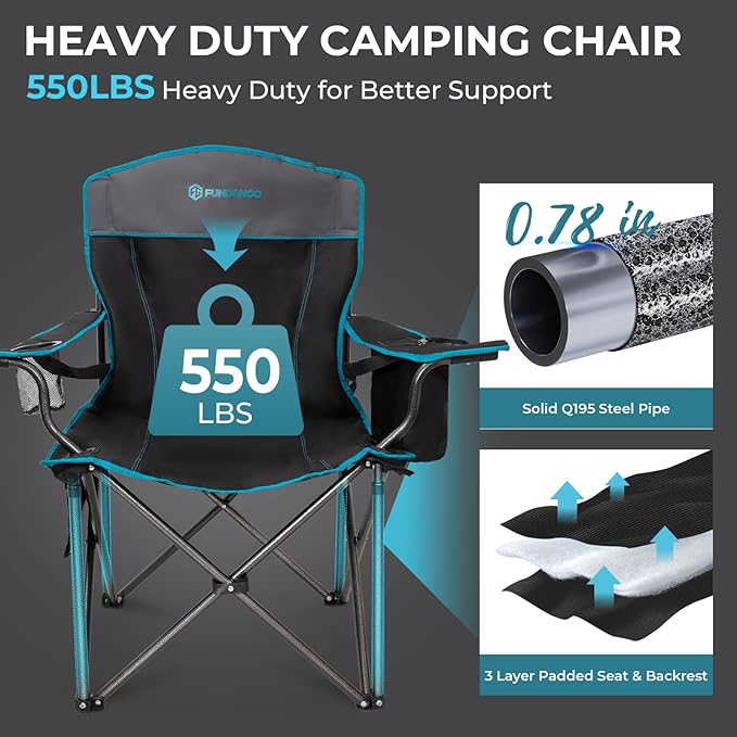 FUNDANGO Oversized Camping Chair for Adults550lbs Heavy Duty Foldable Portable Lawn Chair with Padded Seat &amp Back 4-can Cooler &amp Cup Holder Carry Bag Included for Outdoor (Black/Grey)