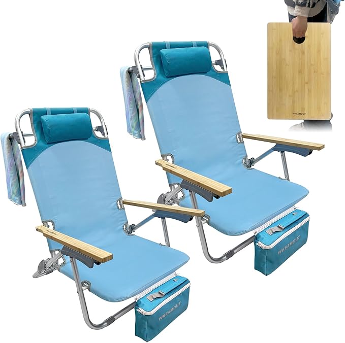 2 Pack Low Backpack Beach Chair with Folding Bamboo Table for Adults 5-Position Lay Flat Reclining Chair Lightweight with Cooler Bag Supports 265 lbs
