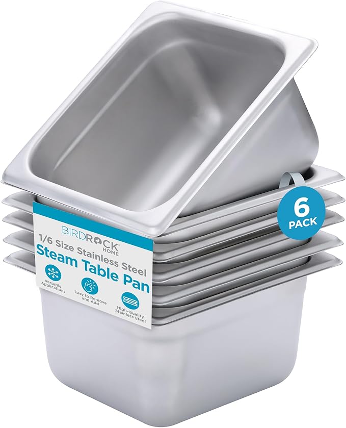 BIRDROCK HOME Stainless Steel Steam Table Pan - Hotel Restaurant &amp Catering Supplies - 24 Gauge Steel 1.8 qt Capacity - Meal Prep Cooking &amp Food Storage Container - 4 Depth 1/6-Size (6 P