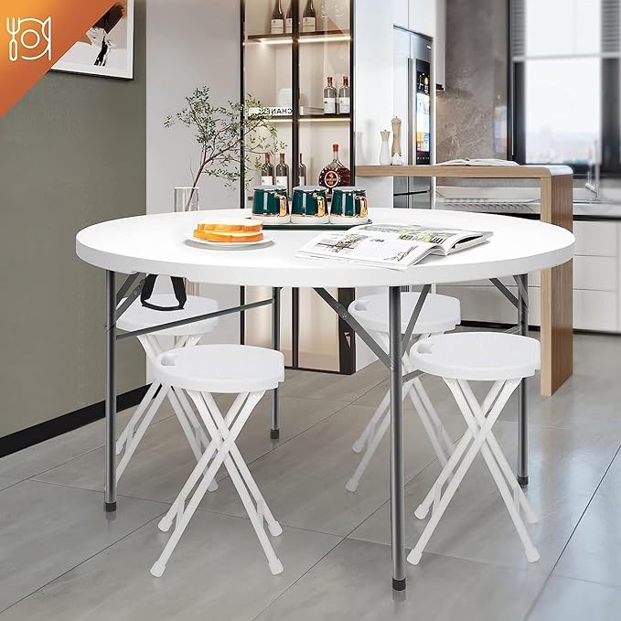 Camping Table 48 Round Bi-Folding Commercial Table 4 Feet Portable Plastic Dining Card Table for Kitchen or Outdoor Party Wedding Event 1-Pack(Quantity 2)