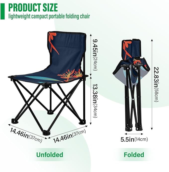 Flower Navy Blue Pattern Foldable Camp Chairs for Adults Heavy Duty Ultra-Lightweight Packable Chair Carry Bag Included for Traveling