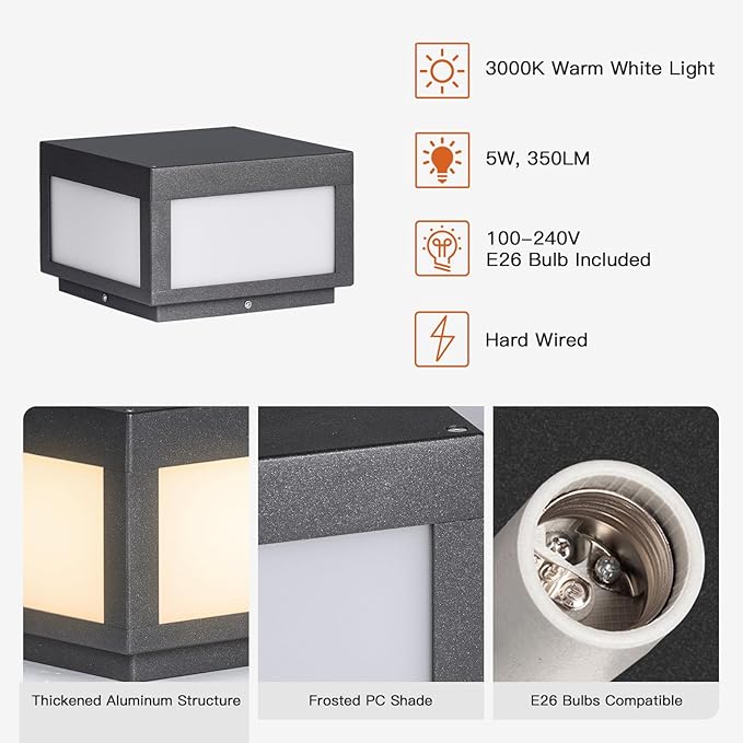 Outdoor Modern Post Light 9.84 Square Hard Wired Pillar Lights Grey Column Lighting 100-240V AC Waterproof LED 3000K Warm Posts Lamp Lantern for Patio Driveway Entrance Deck Garden Decoration