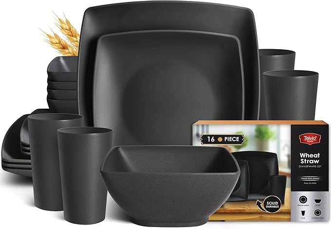 Teivio 16-piece Plastic Wheat Straw Square Dinnerware Set for 4 Unbreakable Dinner Plates Salad Plates Snack Bowls Tumblers 13.5 oz Dishwasher Safe Kitchen Outdoor CampingBlack