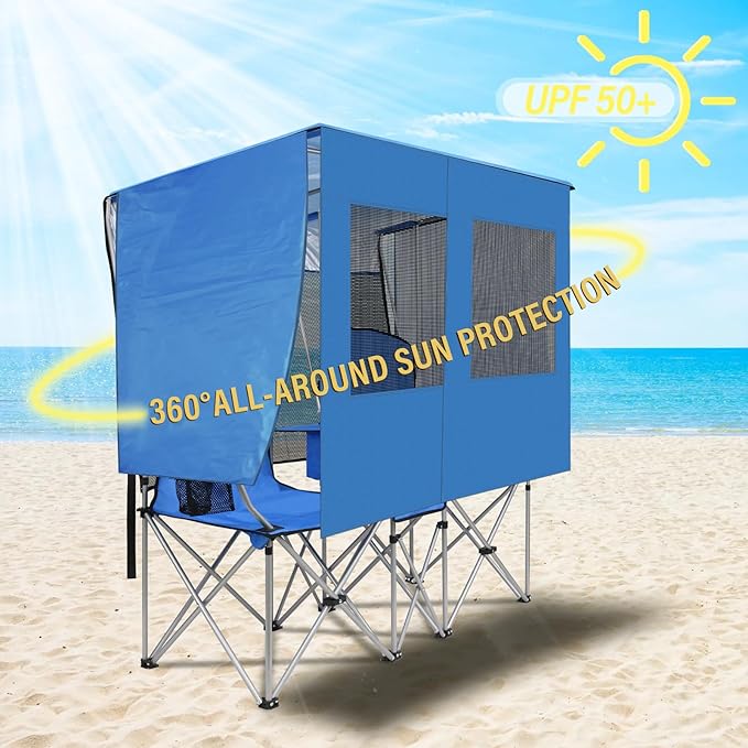 BESTHLS Double Camping Chair with Canopy Shade - Heavy Duty 600D Outdoor Loveseat for Adults 2-Person Beach Chair with Umbrella Folding Camp Loveseat for Fishing Sports Patio (Blue)