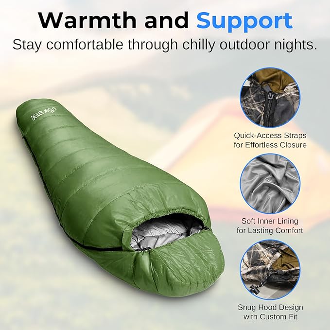 SereneLife 0 Degree Mummy Sleeping Bag – Military-Style Lightweight &amp Waterproof for Extreme Cold Stays Warm in 5–10°F No-Snag Zipper Compact Carry Bag &amp Travel Pillow for Camping &amp Ba