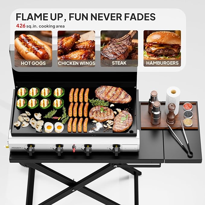 ROVSUN 4 Burner Foldable Propane Griddle with Wheels Enameled Tray &amp Lid 40000 BTU Portable Rolling Flat Top Gas Grill with Electronic Ignition &amp Regulator for Outdoor Cooking Camping BBQ Ta