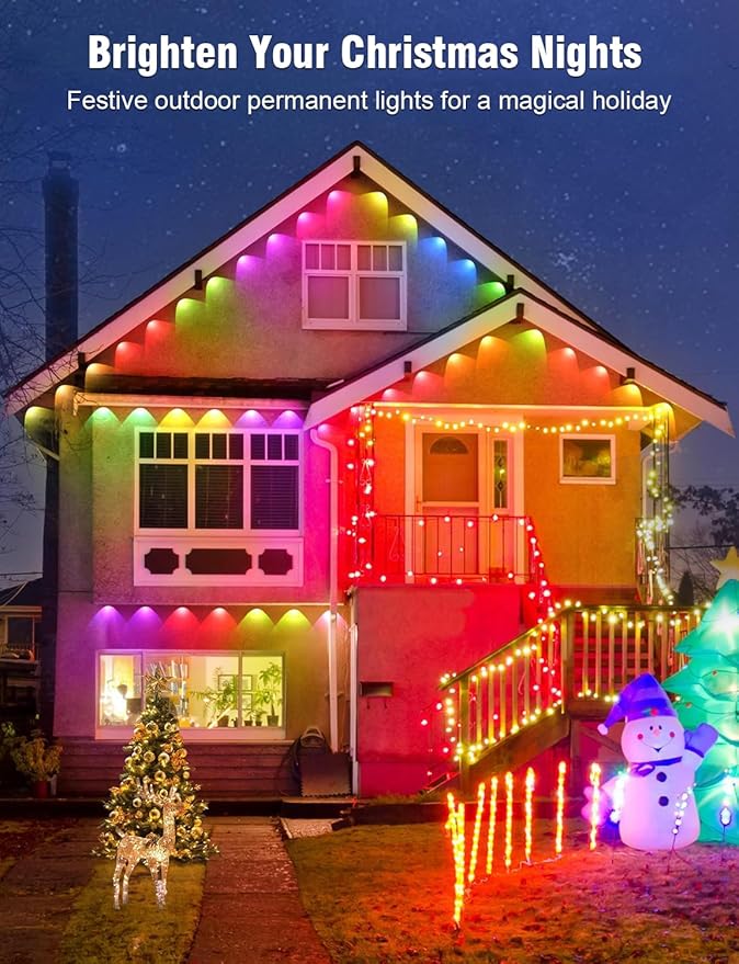 Permanent Outdoor Lights 250FT RGBIC LED Smart LED Lights App/Remote Control IP68 Waterproof for Holiday Decor 50 Scene Modes DIY Lights Color Lighting Timing for Christmas Halloween Party