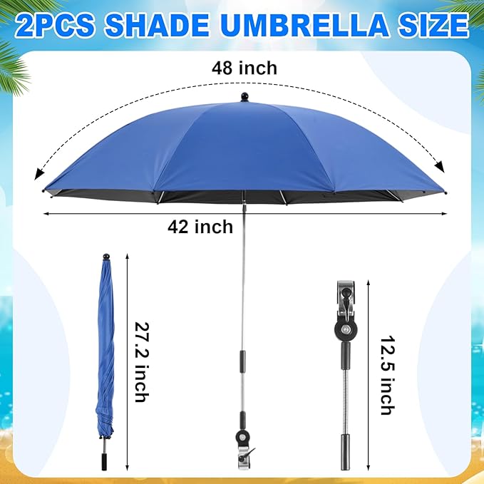 2 Set Reclining Camping Chair with Umbrella for Adult Folding Camping Chair with Foot Rest Adjustable Clamp Canopy Shade SPF 50+ Lounger for Outdoor Spring Summer Travel(BlueOxford)