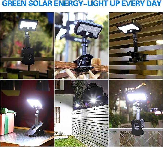 ASLIDECOR Solar Clip On Lights Outdoor Motion Sensor Security Light 92 LED with 600LM Brightness and 3 Modes Waterproof Fence Clip Light for Deck Gutter TentCampingCamper Awning(2)