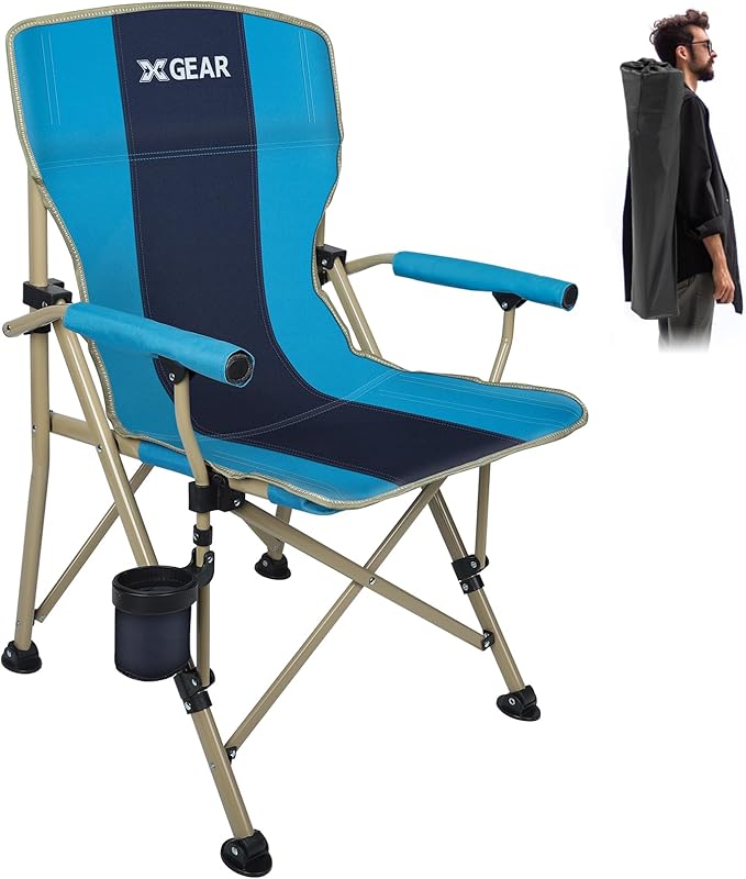 XGEAR Camping Chair with Padded Hard Armrest Sturdy Folding Camp Chair with Cup Holder Storage Pockets Carry Bag Included Support to 400 lbs