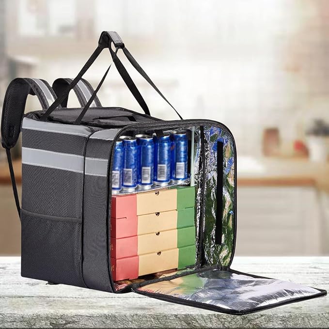 Pizza Carrier – Expandable Delivery Backpack Insulated Thermal Interior Heavy Duty Fabric Build Heat Retention Design Secure Zipper Closure Large Capacity Food Transport System | Restaurant Takeo