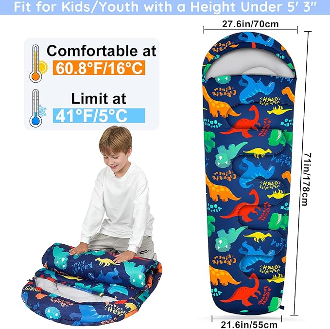 FIOBEE Kids Sleeping Bag for Girls Boys 3 Season Warm &amp Cool Weather Youth Camping Sleeping Bags with Backpacking Bag Waterproof for Traveling Hiking Indoor Outdoor Camping Essentials