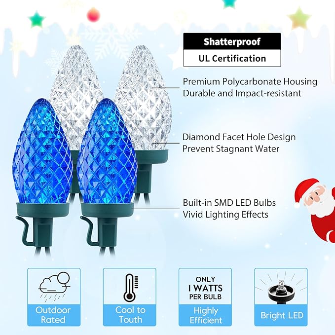 Brightown C9 LED Christmas String Lights 66ft 100 LED Waterproof Strawberry String Lights Plug-in Extendable Green Wire Lights String for Outdoor Outside Patio Party Decoration Blue and White