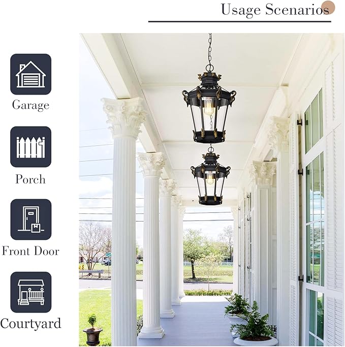 Emliviar Vintage Outdoor Pendant Light 20 Inch Large Exterior Hanging Porch Light with Clear Glass Die-Cast Aluminum in Black Finish XE267H BG