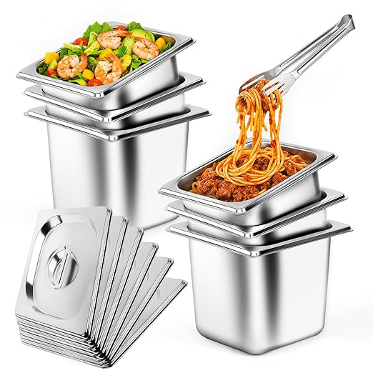 6 Pack 1/6 Size Stainless Steel Hotel Pans with Lids 6 Inch Deep Steam Table Pans Anti-Jam Metal Hotel Pans with Clip for Restaurant Home Catering Food Storage