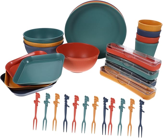 BESPORTBLE Lightweight Portable Wheat Straw Tableware with Soup Bowl Dish Plate Cup Cutlery Fork Spoon Chopsticks Smooth Edges Safe Outdoor Dinnerware for Camping Picnic Hiking Beach Bbq