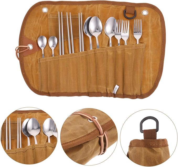 Portable Cutlery Set with Folding Tableware Pouch for Camping Picnics and Outdoor Activities Includes Elegant Dinnerware Bag Dishwasher Safe Utensils Easy Storage