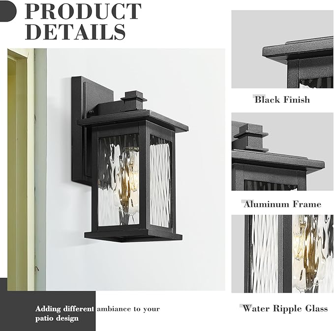 Emliviar 1 Pack Modern Outdoor Lighting Wall Mount Front Porch Light with Water Ripple Glass Shade Black Finish 1803EW1-WP BK