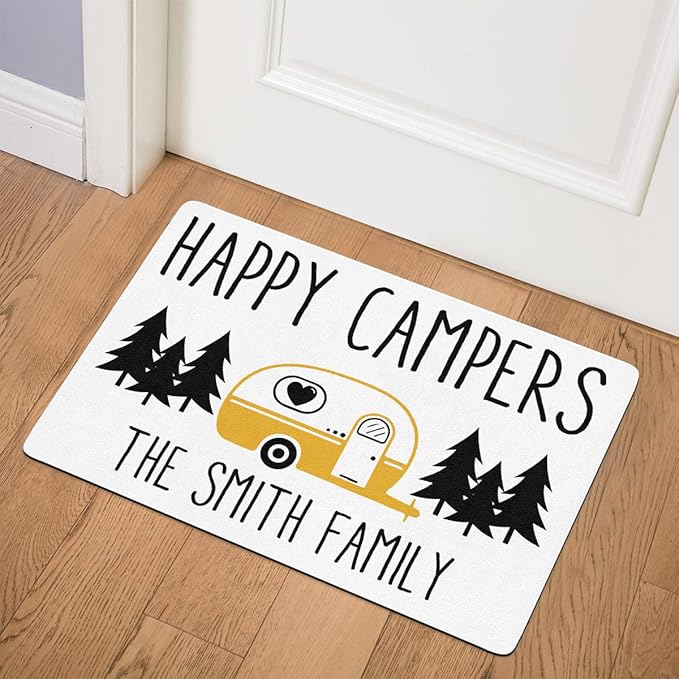 Personalized Happy Camper Doormat Camping - Custom Family Name and Rv Color Camping Door Mat RV Accessories for Inside Outside Funny Campsite Decorations for Travel Trailers 16 x 24 inches