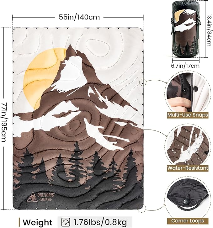 ONETIGRIS Ultralight Camping BlanketWaterproof Stadium Blanket Poncho Packable Puffy Quilt Puffy Printed Camping Blanket with Snap Buttons &amp Corner Loops