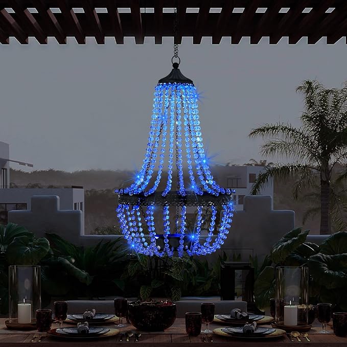 Hanging Solar Lantern Outdoor 28” Modern Clear Crystal Acrylic Chandelier with 30 Blue Lights S Hook for Garden Yard Patio Gazebo Decorations