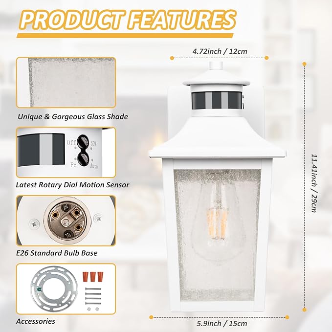 White Motion Sensor Outdoor Wall Light - Dusk to Dawn Outdoor Wall Lighting Waterproof Exterior Light Fixture Modern Porch Light Outside Wall Mount for House Patio Garage Anti-Rust