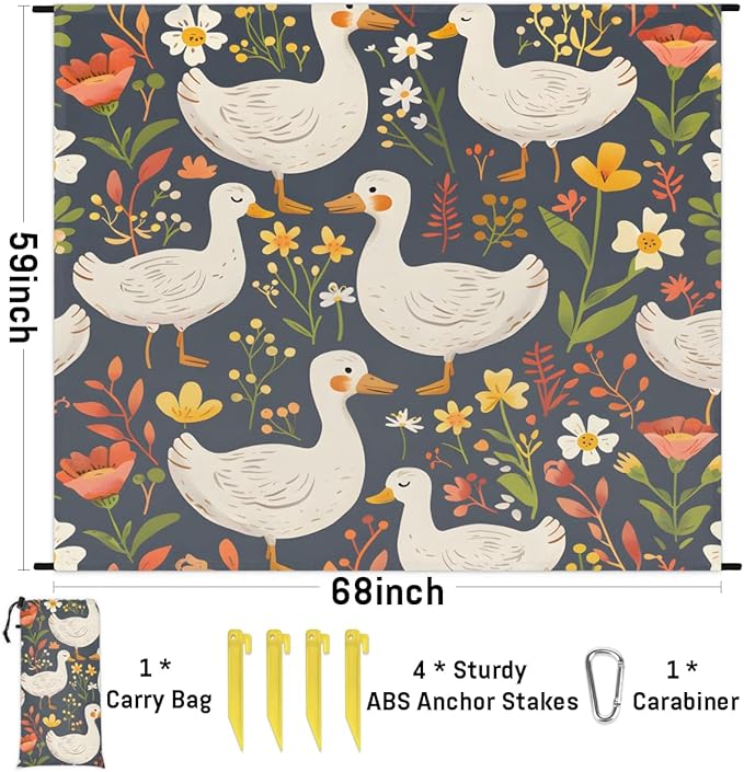 Waterproof Sandproof Beach Blanket 59''×68'' Duck Polyester Outdoor Picnic Blanket with 4 Stakes &amp Storage Bag for BeachCampingVacation Animal