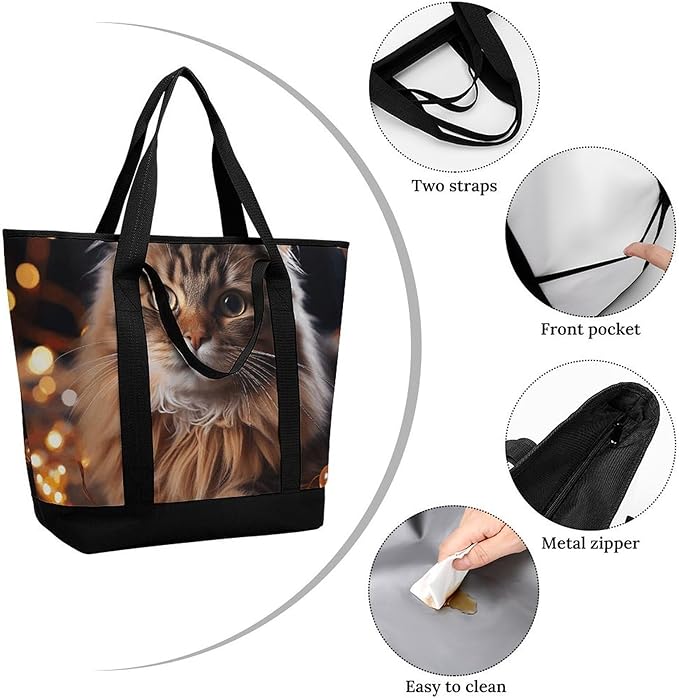 Insulated Shopping BagLarge Reusable Cooler Bags Cat Hanging Christmas Lights Printed Foldable Shopping BagTravel Waterproof Shoulder Bag