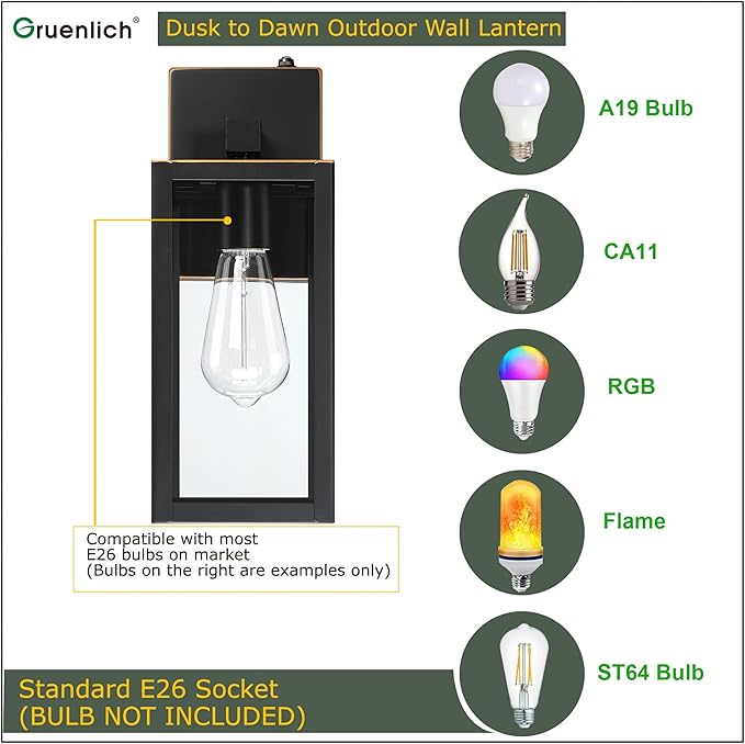 GRUENLICH Dusk to Dawn Large Outdoor Wall Lantern Wall Sconce as Porch Lighting Fixture E26 Base Max 60W Metal Housing with Glass Shade (Oil Rubbed Bronze 1-Pack)