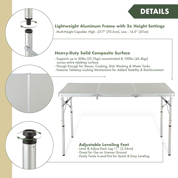 ARROWHEAD OUTDOOR 4’ ft Heavy-Duty Portable Aluminum Frame Folding Table w/Leveling Feet Solid Tabletop Surface 2 Adjustable Heights Carrying Case Included Lightweight USA-Based Support