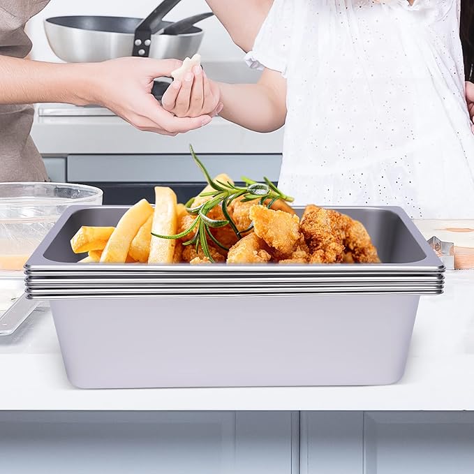 6 Pack Full Size Stainless Steel Steam Hotel Pan 20.87x12.99x6in Steam Table Pan Food Service Pan for Party Kitchen Restaurant Hotel