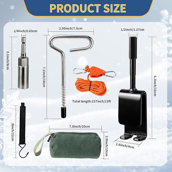 Heavy Duty Ice Anchor Drill Adapter Tool Kit 19Pcs Stainless Steel Tent Stakes Set with 13FT Ratchet Ropes Tent Hooks Canvas Bag for Ice Fishing Shelter Setup (8Pcs Tent Stakes+6Pcs Rope Roller)