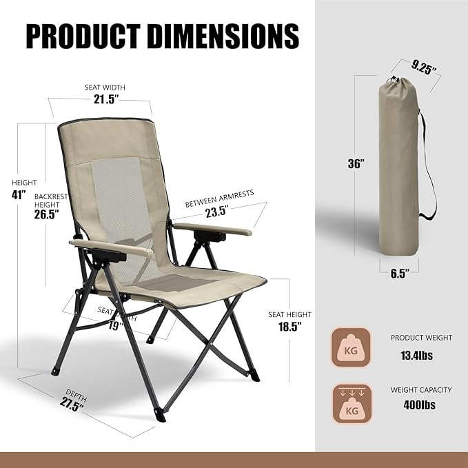 Oversized Hard Armrest Reclining High Back Camping Chair with Adjustable Backrest for Camping Sports Event Backyard Fishing Beach Tailgating