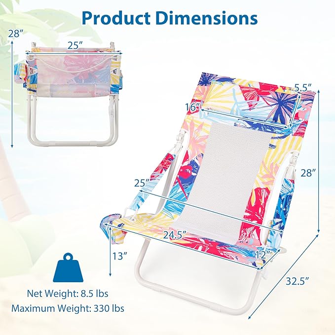 Giantex 2-Pack Folding Beach Chair Low Lawn Chairs with Padded Head Pillow Mesh Back Cup Holder and Armrests Portable Outdoor Lounge Chair for Camping Sunbathing Picnic Fishing