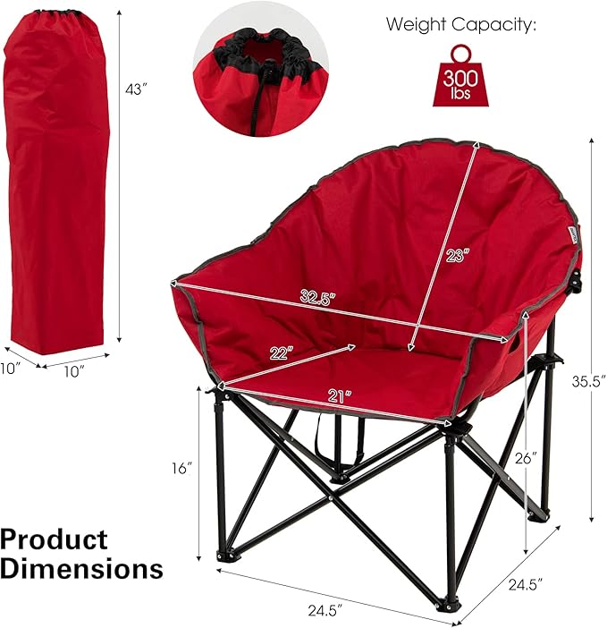 S AFSTAR Oversized Camping Chair Cushion Padded Moon Round Saucer Chair w/Cup Holder &amp Carry Bag Outdoor Leisure Folding Chair Portable Folding Camp Chair for Camping Fishing Supports 300lbs (