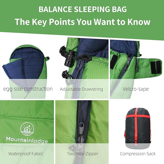 Mountainlodge Balance Sleeping Bag for AdultCold&ampWarm Weather with Compression Sack and Water Resistant for Family CampingTravel and Car Camping