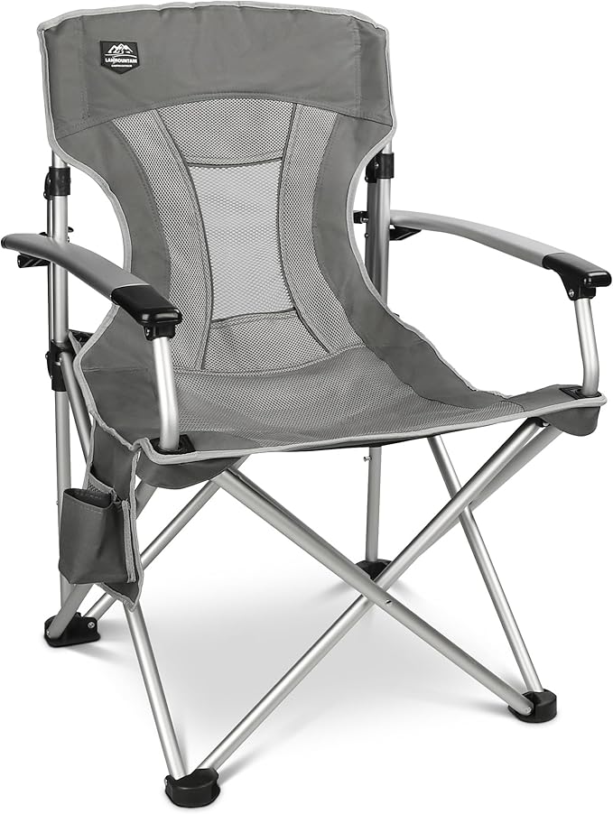 Lightweight Folding Hard Arm Camping ChairMesh BackHeavy DutyPadded Backpack Camp Chair w/Cup HolderCooler Bag for Adults Garden PartiesGrey