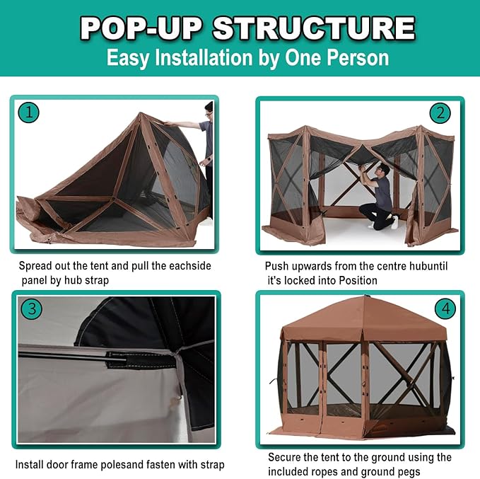 10 x 10 FT Pop Up Screen Tent Portable Outdoor Camping Gazebo with Ground Stakes and Carry Bag Brown