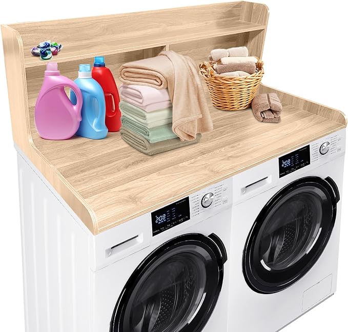 2 Tier Washer Dryer Countertop with Shelf54x27.5in Waterproof Wood Organizer Rack with StorageSpace-Saving Leader for Laundry RoomNatural Wood