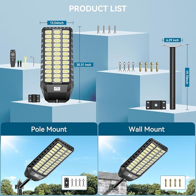9500W Solar Street Light Outdoor Commercial Grade Solar Lights Outdoor IP67 Waterproof Parking Lot Lights Dusk to Dawn LED Security Flood Light Motion Sensor with Remote Control 2 Pack