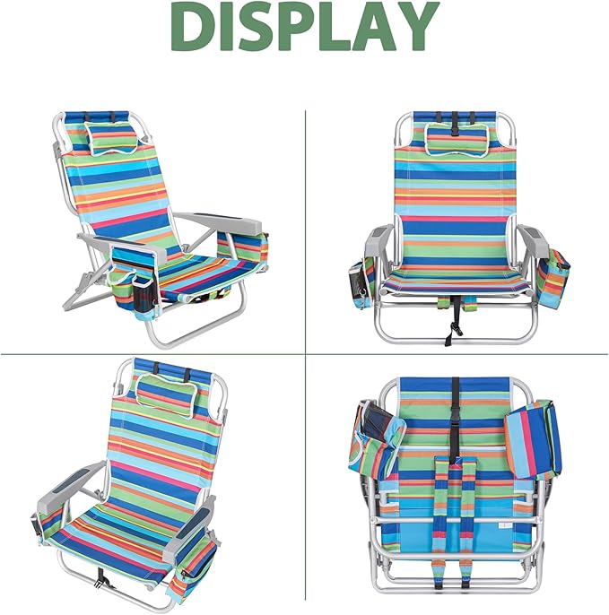 2Pk Aluminum 5-Position Lay Flat Folding Backpack Beach Chairs for Adults with Cooler Bag Cup&ampPhone Holder Towel Bar for Outdoor Lawn Picnic Sport Portable Foldable Camping Chairs Multi Stripe