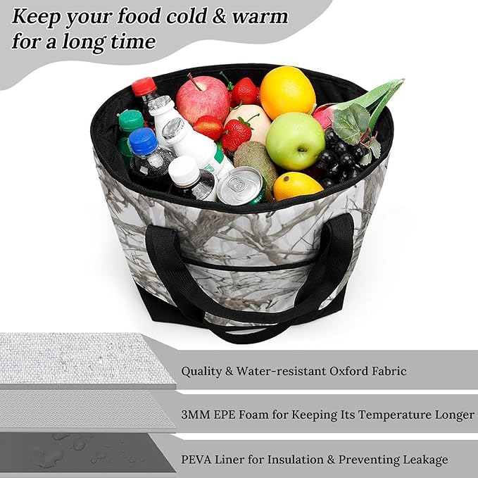 Insulated Shopping BagLarge Reusable Cooler Bags White Tree Camo Printed Foldable Shopping BagTravel Waterproof Shoulder Bag