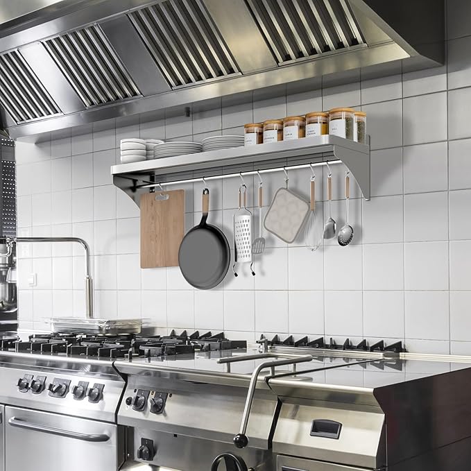 48 x 12 Stainless Steel Shelf Wall Mounted | Heavy-Duty Commercial Stainless Steel Shelf Storage with 8 Hooks for Kitchen Wall Restaurant Garage and Microwave Oven