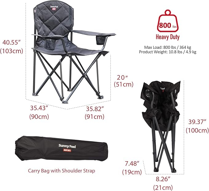 SUNNYFEEL XXL Oversized Camping Chair Heavy Duty 800 LBS for Big Tall People Padded Portable Folding Quad Lawn Chairs with Armrest Cup Holder &amp Pocket for Outdoor/Travel/Picnic/Camp/Sports