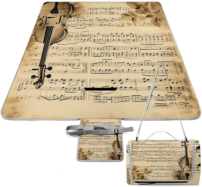 Music Notes on Old Paper Beach BlanketPortable Waterproof Picnic Blanket58.3''x 58.3'' Extra Large Picnic Mat for BeachCamping Grass Lawn Park Accessorie for Festival BBQ