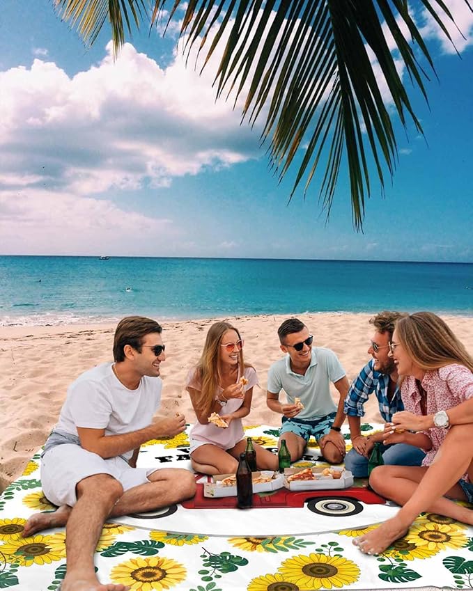 Beach Blanket Waterproof Sandproof OversizedFarm Yellow Sunflower Red Truck Beach Mat with Corner Stakes Sand PocketsSpring Green Leaves Outdoor Picnic Mat for Travel Camping Hiking118x108In