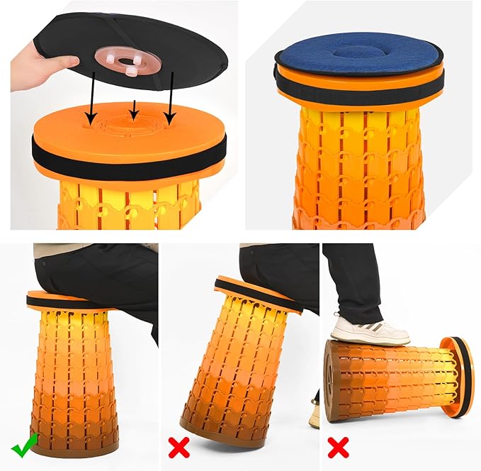 2 Pack Upgraded Folding Stool 19.7 Collapsible Stool Height Max Weight 1000lbs Portable Telescoping Seat with Cushion and Storage BagRetractable Folding Chair for Camping Hiking Outdoor BBQ-Orange