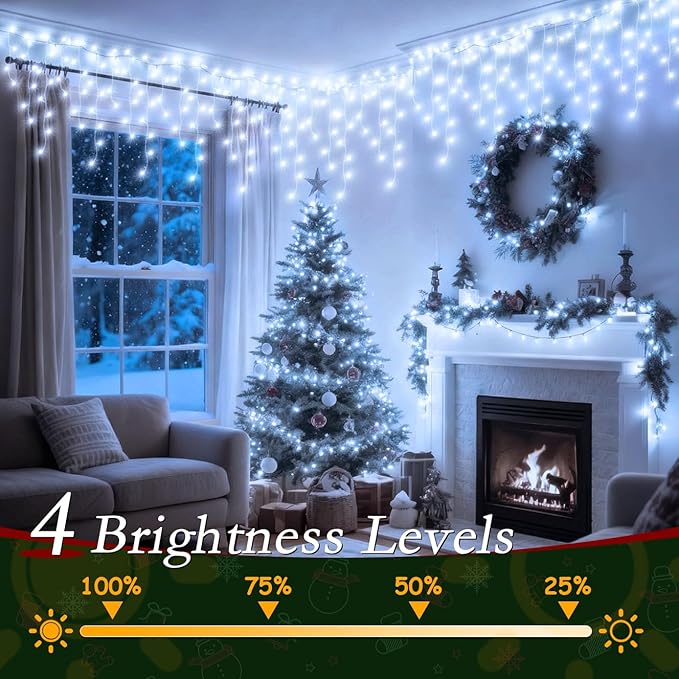 32ft Christmas Icicle Lights 396 LED Outdoor/Indoor Cool White Curtain Lights with 8Modes Plug in Waterproof String Lights for Holiday Wedding Garden Decorations